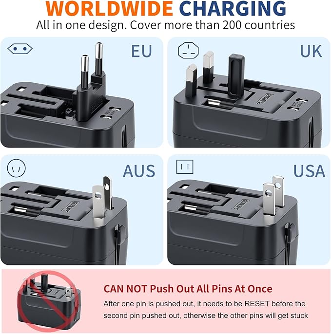 Travel Adapter USB C, Universal All in One Worldwide Travel Adapter Fast Charge GaN PD3.0 Type C USB-A Quick Charging Ports Power Converters Wall Charger AC Power Plug Adapter for USA EU UK AUS Black