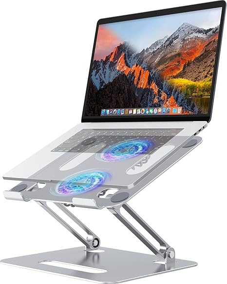 Adjustable Laptop Cooling Stand with 2 Quiet Fans & RGB Lighting, Aluminum Alloy & Foldable Ergonomic Design for MacBook, Lenovo, ASUS, Dell 10-16 Inch, Perfect for Gaming, DJ, Office - Silver - Image 3