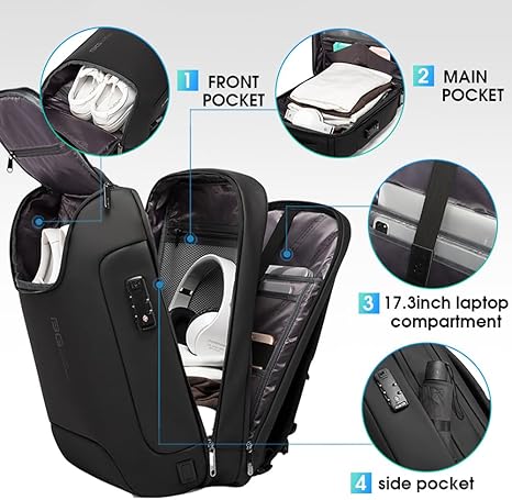 BANGE Men's Anti-Theft Backpack,Waterproof Fashion Travel Backpacks,High Tech Backpack with USB3.0 Charging Port,Business Laptop Backpack Fits 17.3 Inch Notebook…