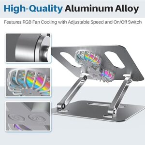Adjustable Laptop Cooling Stand with 2 Quiet Fans & RGB Lighting, Aluminum Alloy & Foldable Ergonomic Design for MacBook, Lenovo, ASUS, Dell 10-16 Inch, Perfect for Gaming, DJ, Office - Silver