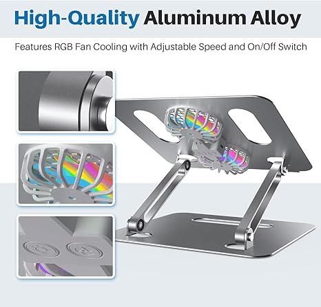 Adjustable Laptop Cooling Stand with 2 Quiet Fans & RGB Lighting, Aluminum Alloy & Foldable Ergonomic Design for MacBook, Lenovo, ASUS, Dell 10-16 Inch, Perfect for Gaming, DJ, Office - Silver